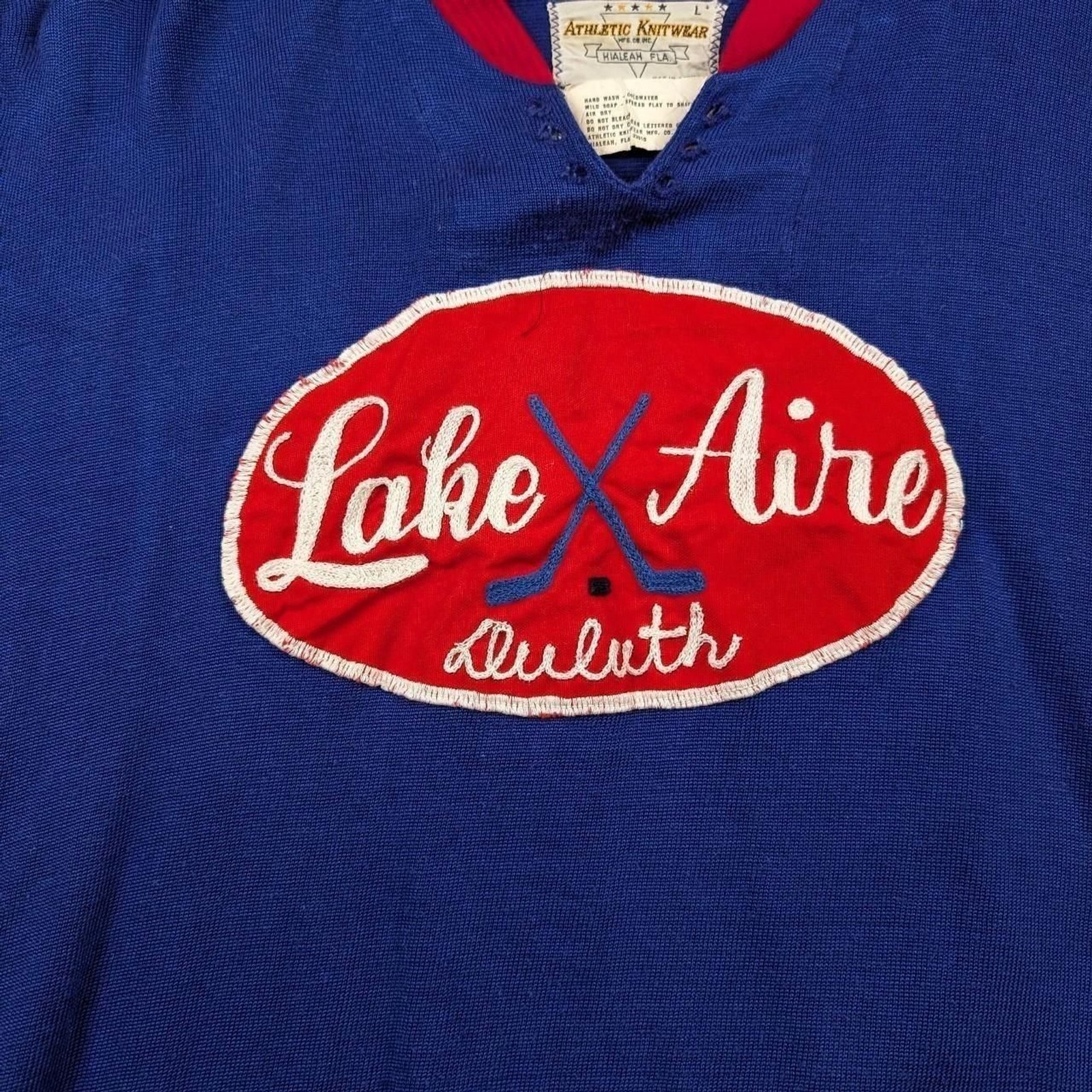 Vintage 60s Chain Stitched Durene Lake Aire Duluth Hockey Jersey Blue Red gallery