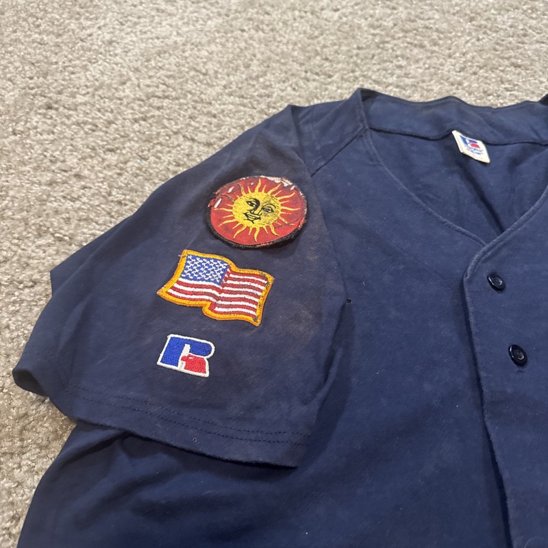 Vintage 90s Russell Athletic USA Baseball Jersey Assorted Patch Navy Blue Large gallery