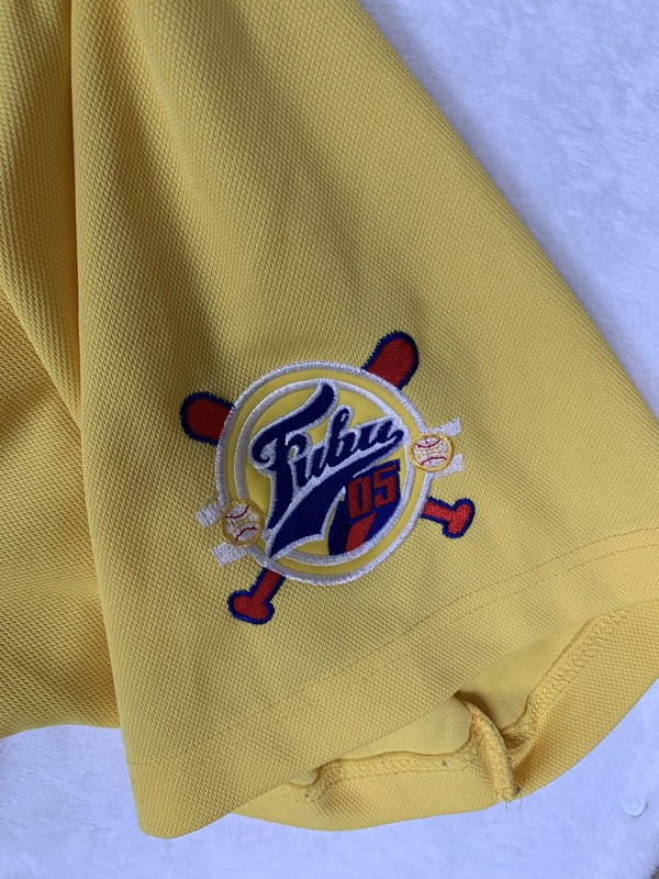 Vintage FUBU Baseball Jersey Shirt Mens 2XL Yellow 05 Mesh Button Front Y2K gallery