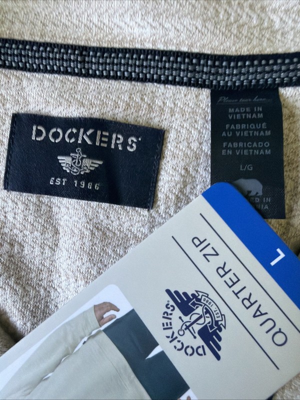 NWT Dockers Quarter Zip Pullover Sweater Sz L Beige Herringbone Golf Coastal Dad gallery