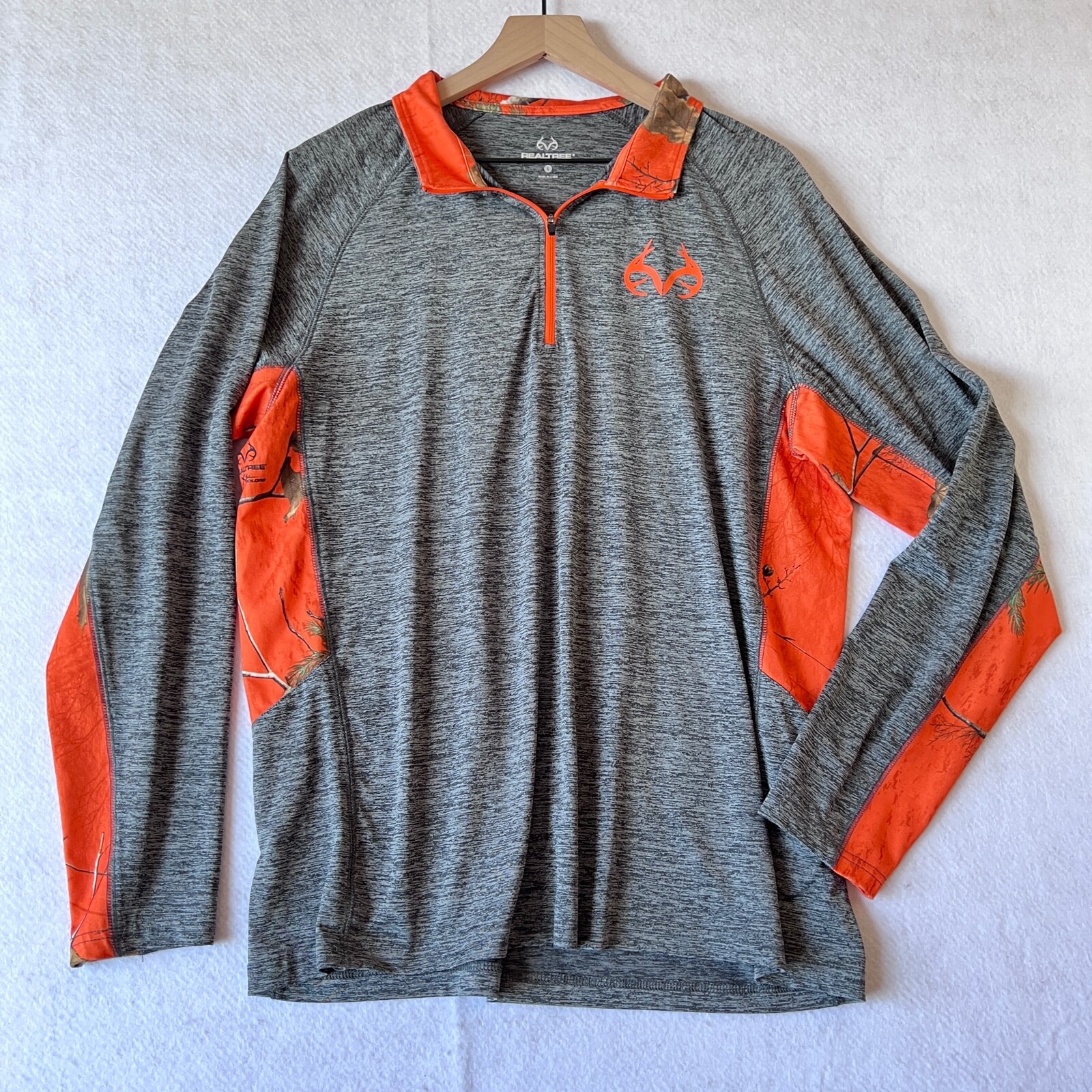 Realtree Mens Pullover Size Large L Quarter Zip Grey Heather Orange Camo gallery