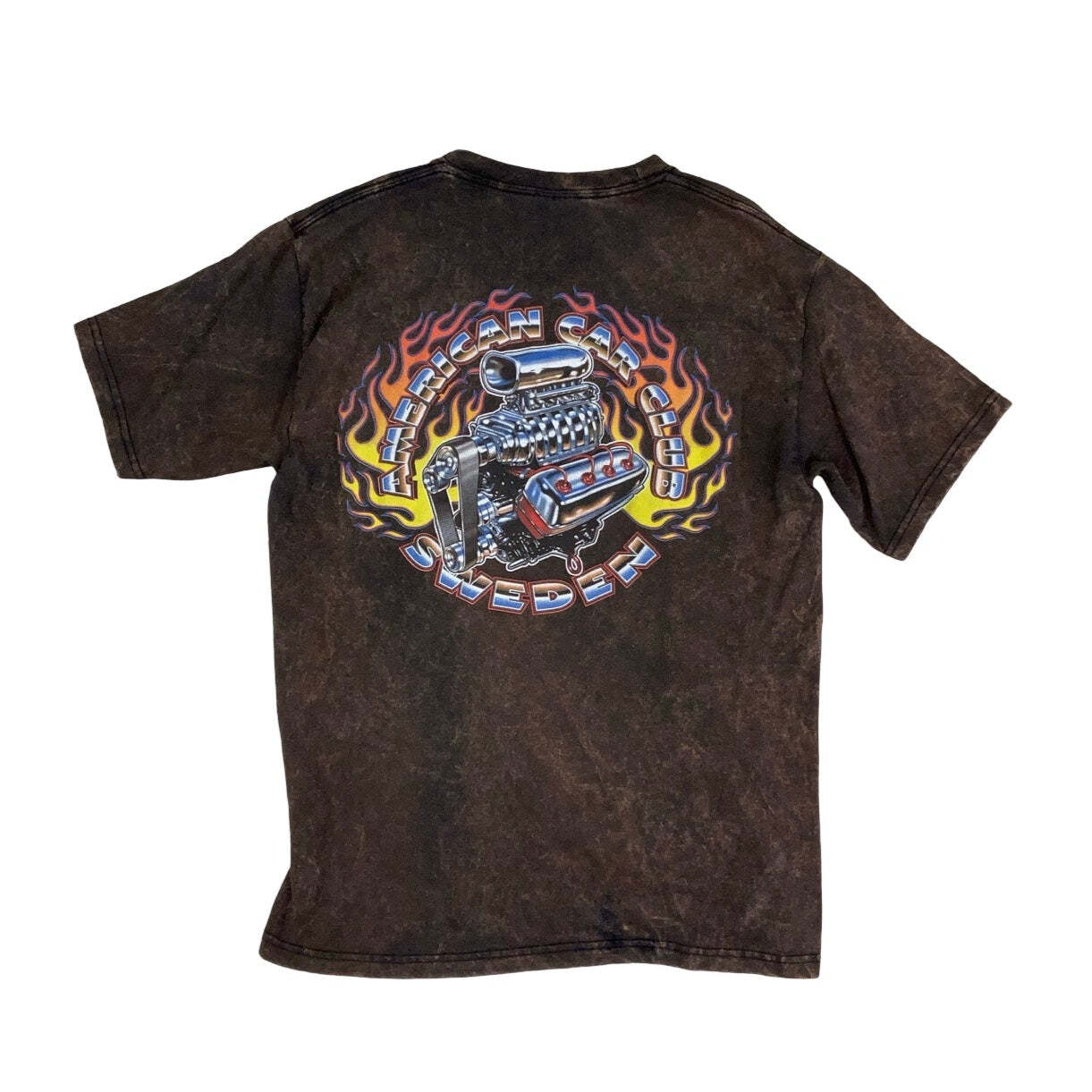 Vintage 90s 'American Car Club Sweden' Brown Acid Wash Graphic T-Shirt Small gallery