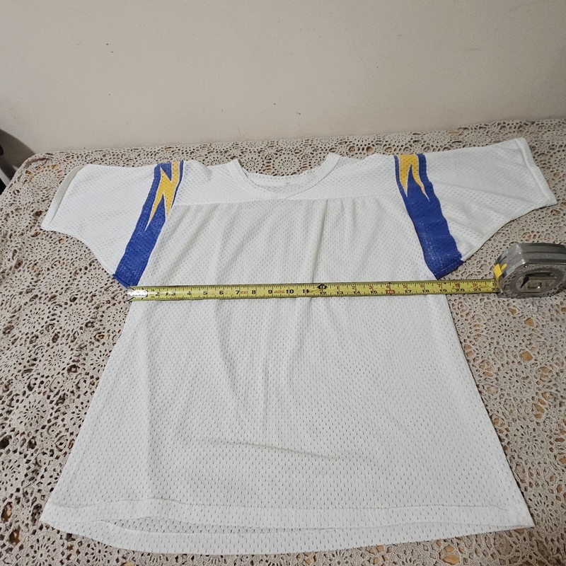 Vintage 1980s White Mesh Jersey Mens Sz M White Blue Yellow/Gold Lightning Bolts gallery