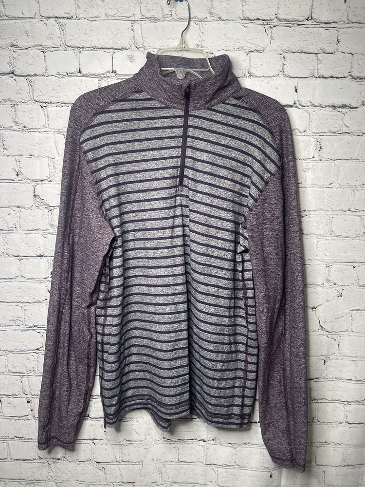 Lululemon Shirt Men 1/4 Zip Pullover Gray Purple Striped Mock Stretch Yoga N18