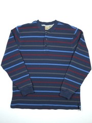 VTG L.L. Bean Mens Large Henley Shirt Long Sleeve Striped Navy Blue Red Cotton L