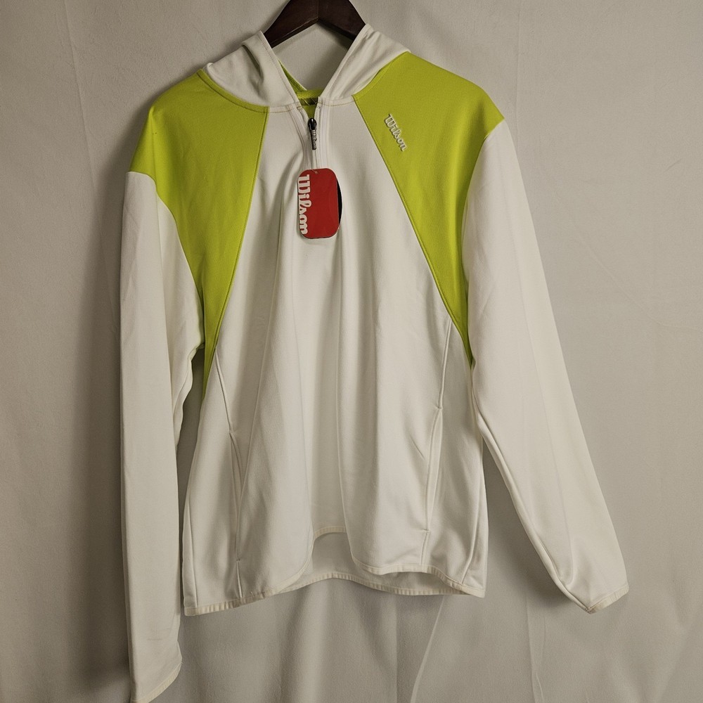 Wilson White Yellow Hooded Pullover Hoodie UPF 30+ Moisture Wicking L Tennis