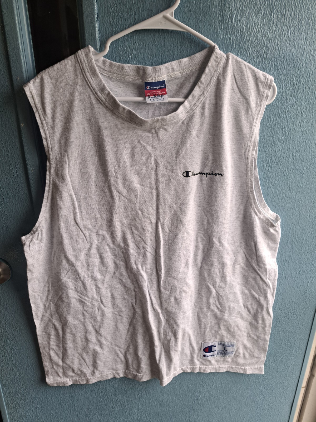 Vintage 90s Champion Muscle Sleeveless Men's L Heather Gray Script Logo Tank #10 gallery