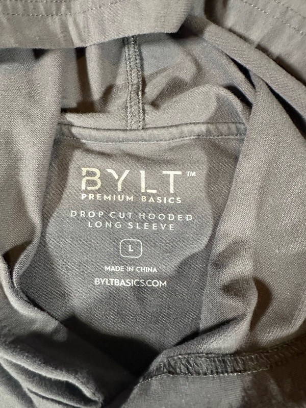 Bylt Premium Basics Men’s Large Grey Drop Cut Hooded Long Sleeve Shirt EUC gallery