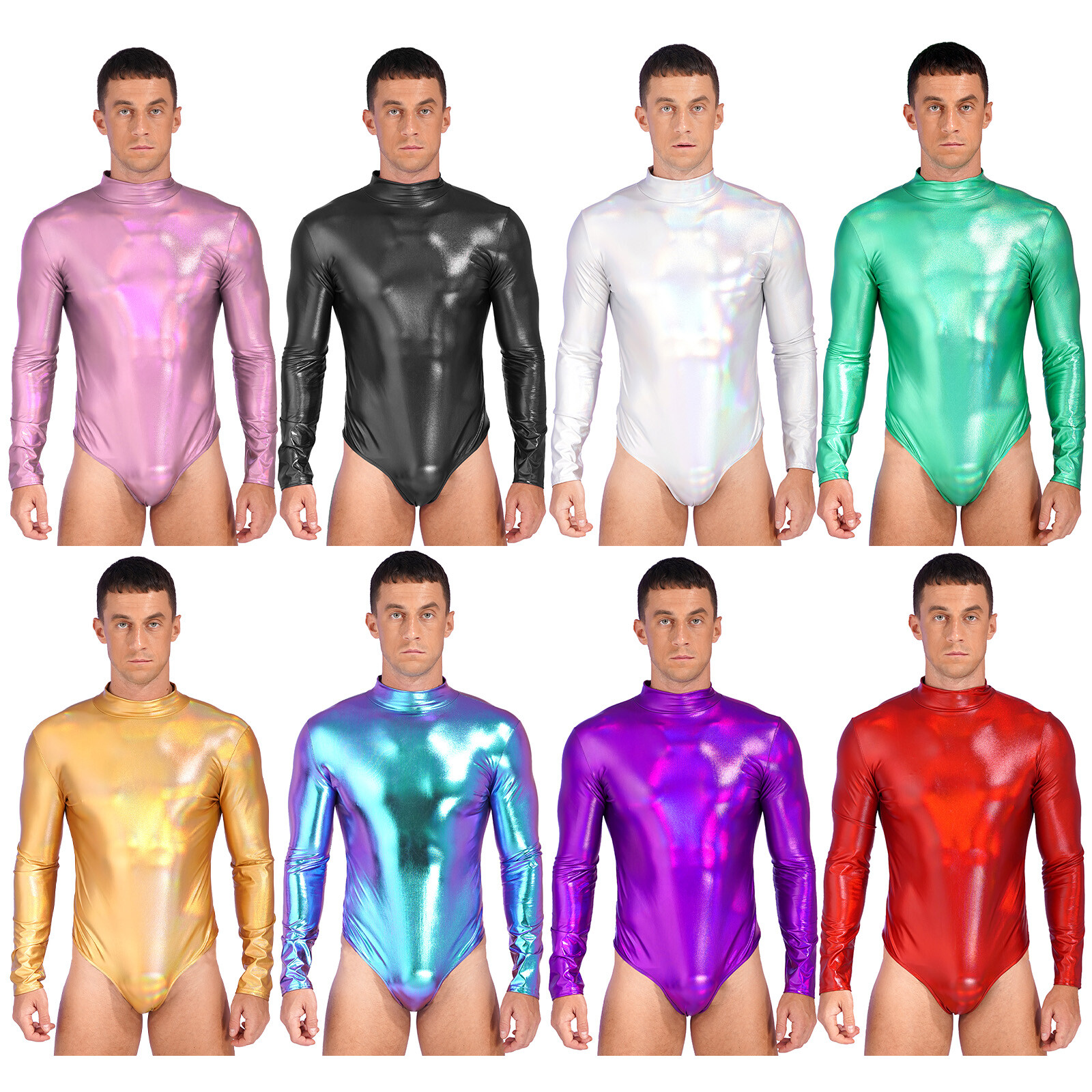 Men One-piece Shiny Metallic Bodysuit Mock Neck Long Sleeves Leotard for Club gallery