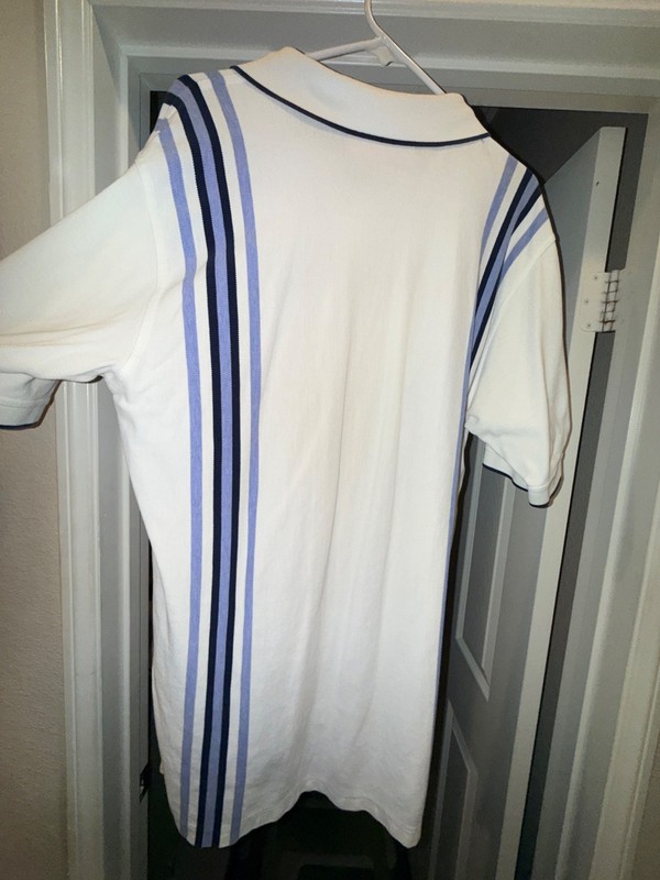 Slazenger Men's L White with vertical Blue Stripes Polo Golf Shirt Short Sleeve gallery