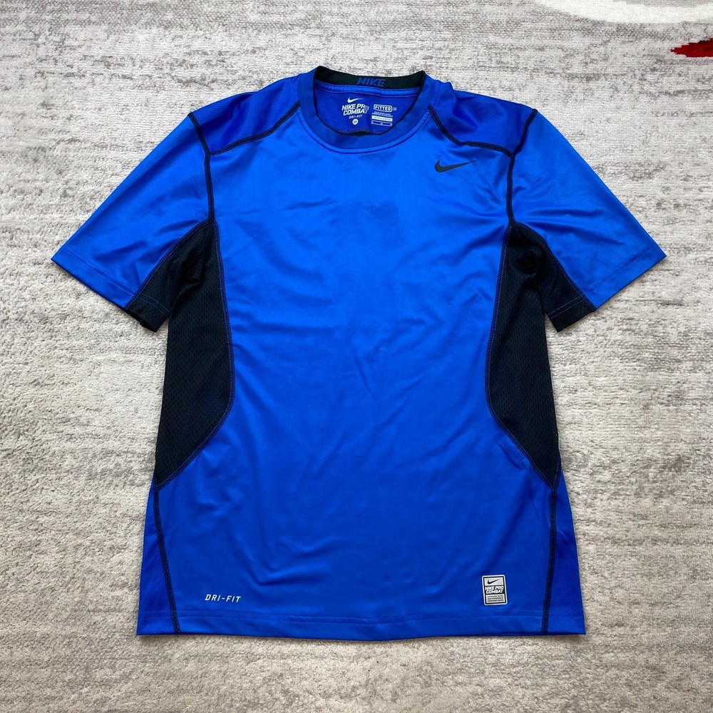 Nike Pro Combat Shirt Medium Blue Black Performance Swoosh Drifit Prep Hiker Men
