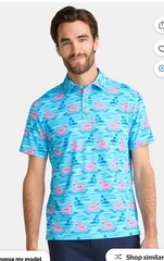 Birdie Bound Men’s Performance Flamingo Print Golf Polo Shirt Size M Blue/ Pink