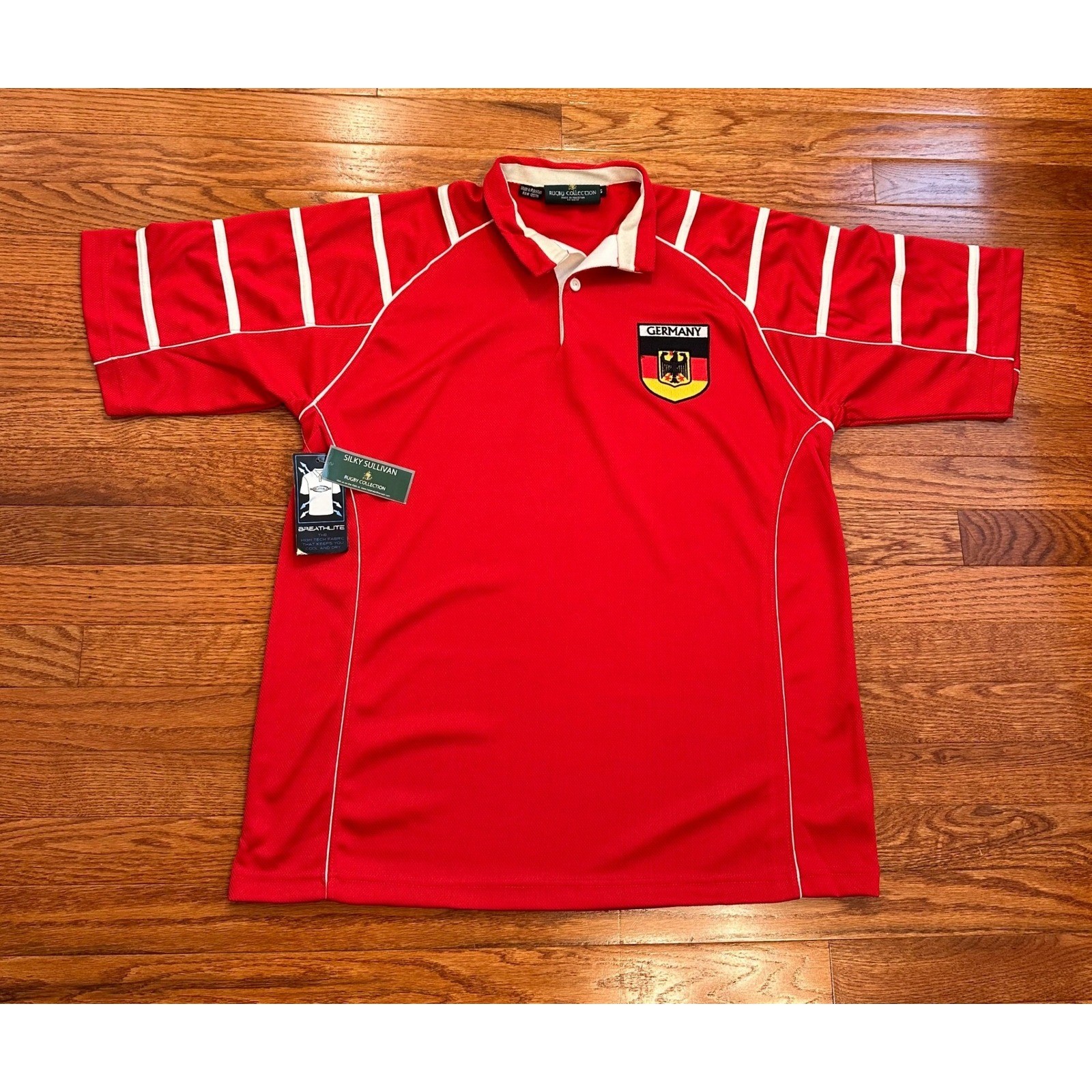 New Silky Sullivan Germany Rugby Polo Shirt Jersey Mens Small Red Stretch Tech gallery
