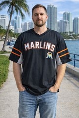 Miami Marlins Baseball Top T shirt Size L black orange Polyester T Shirt