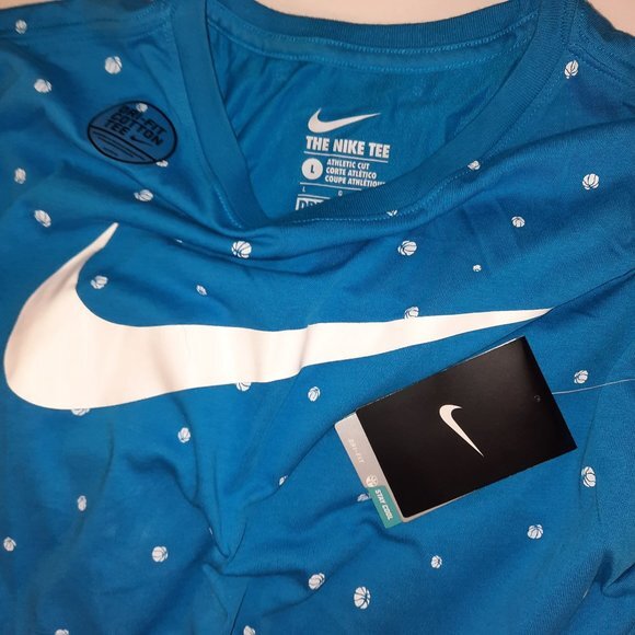 NWT Nike Swoosh All Over Basketball Pattern AOP Dri-FIT Cotton T-Shirt Blue L gallery