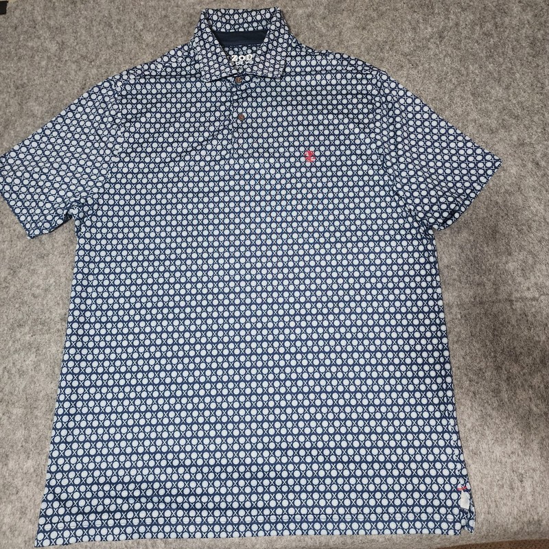 IZOD Men's Golf Polo Shirt Medium Golf Ball Tees Print Stretch Blue White - EUC gallery