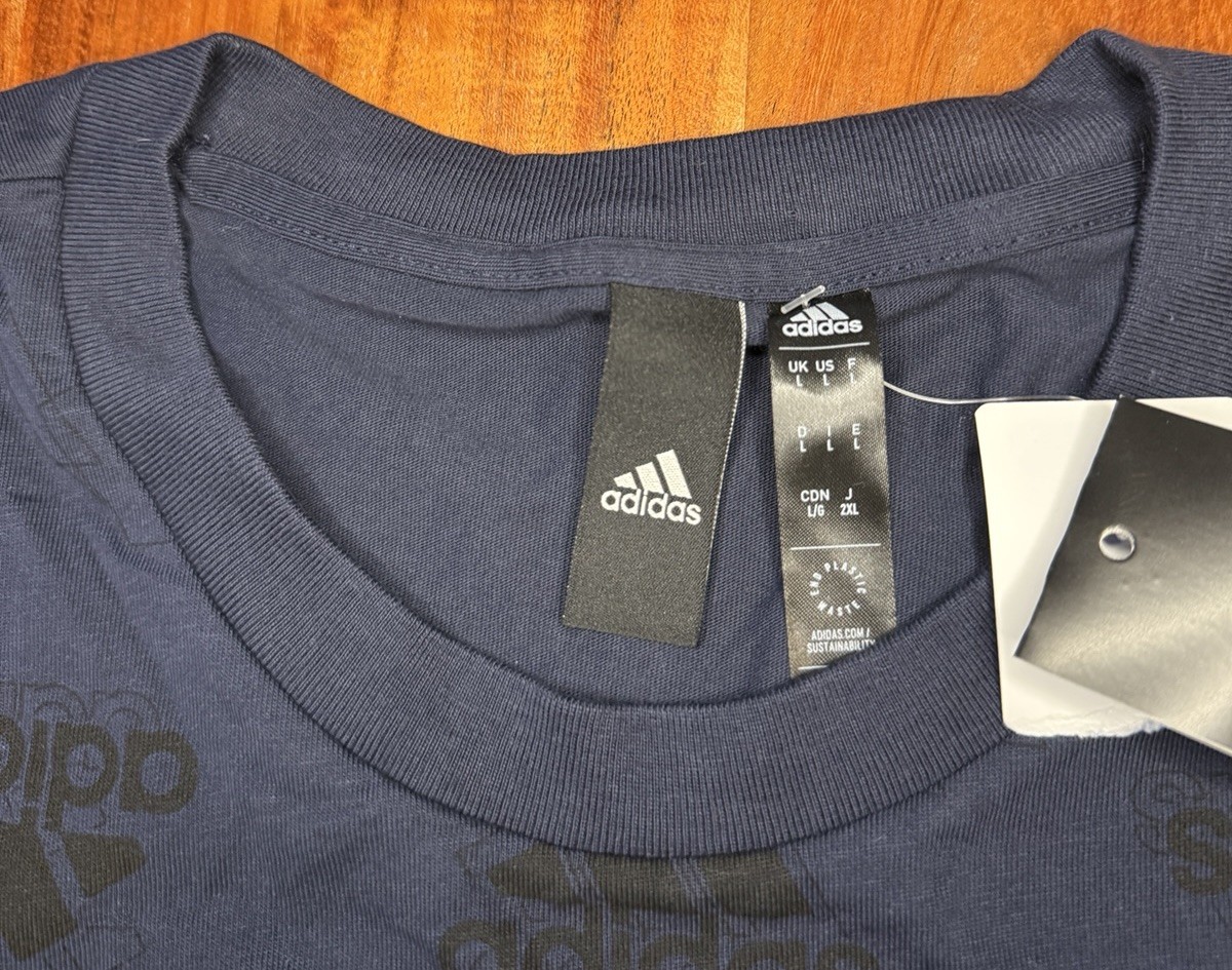 Adidas Blue Logo Pattern Print Gym Tee Men’s Size L 100% Cotton NWT gallery