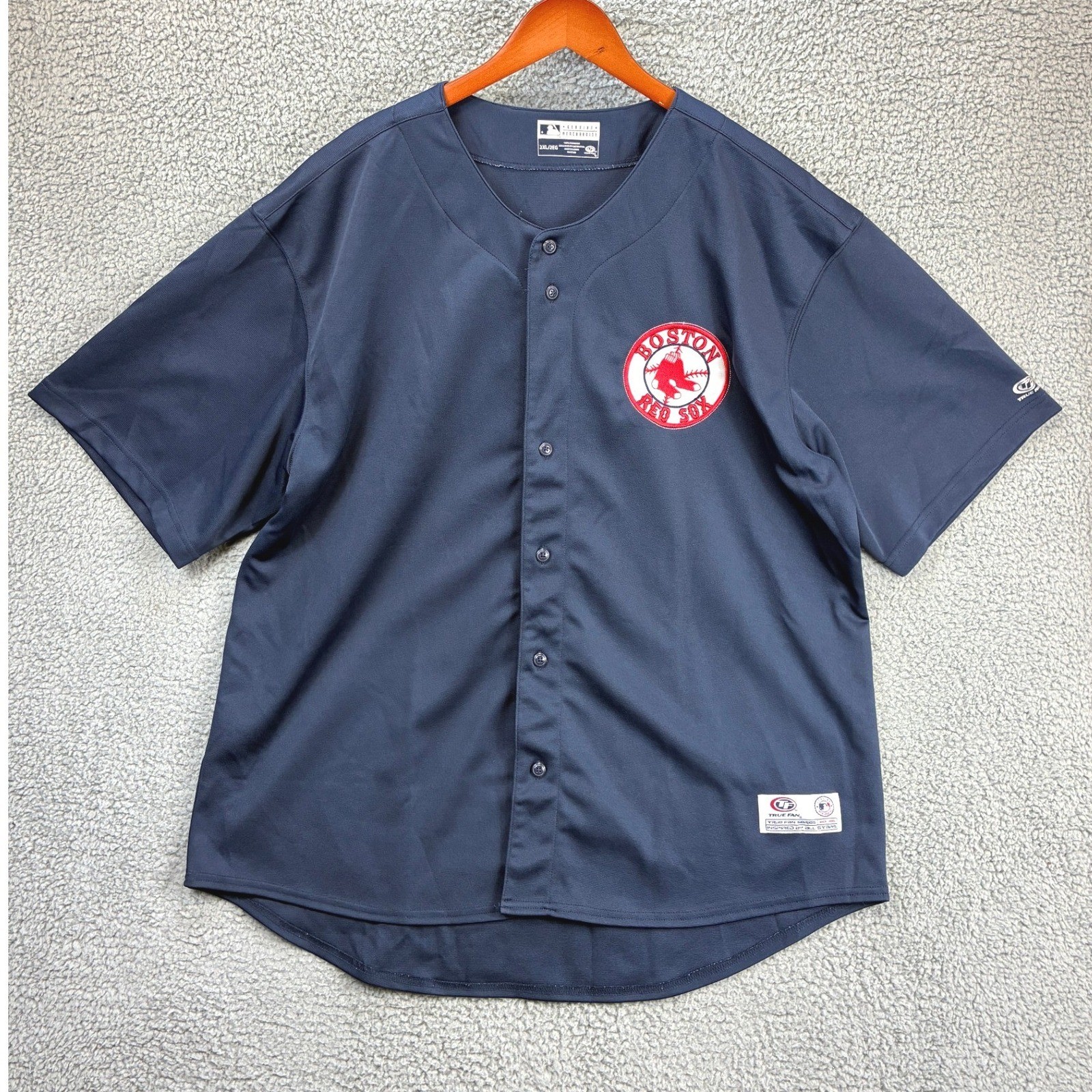 True Fan MLB Boston Red Sox Baseball Jersey Mens 2XL Navy Blue Button Up Sports gallery