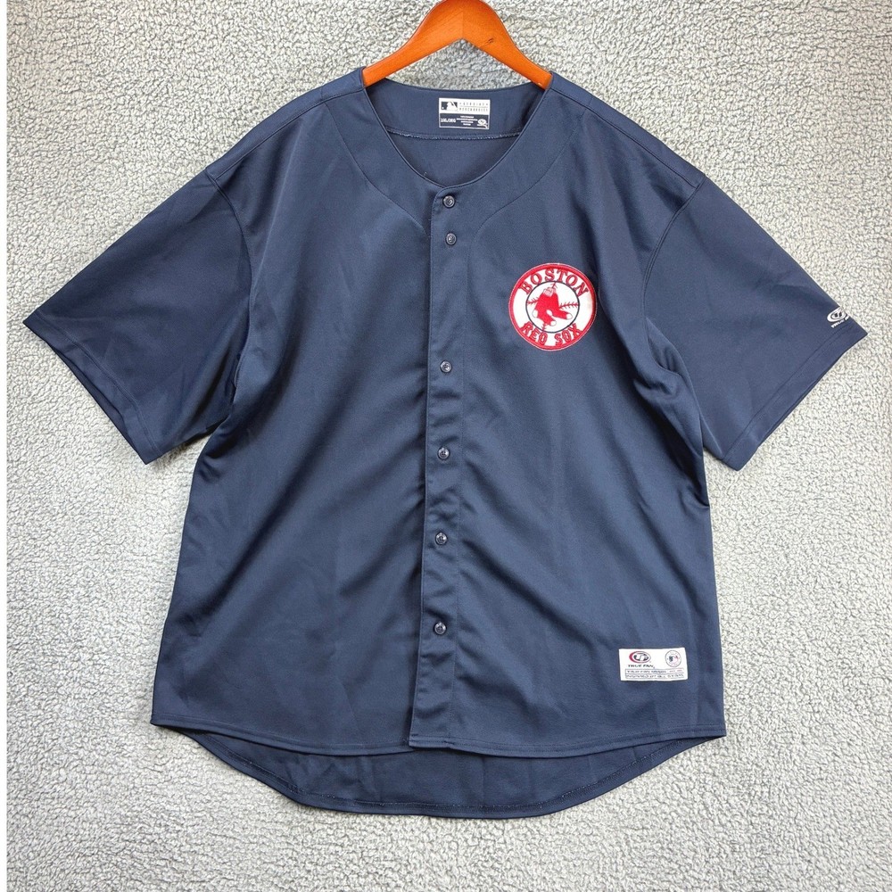 True Fan MLB Boston Red Sox Baseball Jersey Mens 2XL Navy Blue Button Up Sports