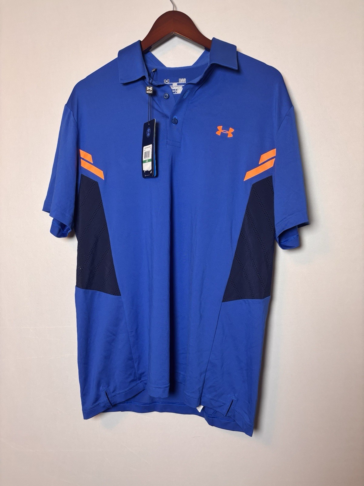 UNDER ARMOUR HeatGear Men’s Vented Stretch Polo Shirt Large Blue Neon Orange gallery
