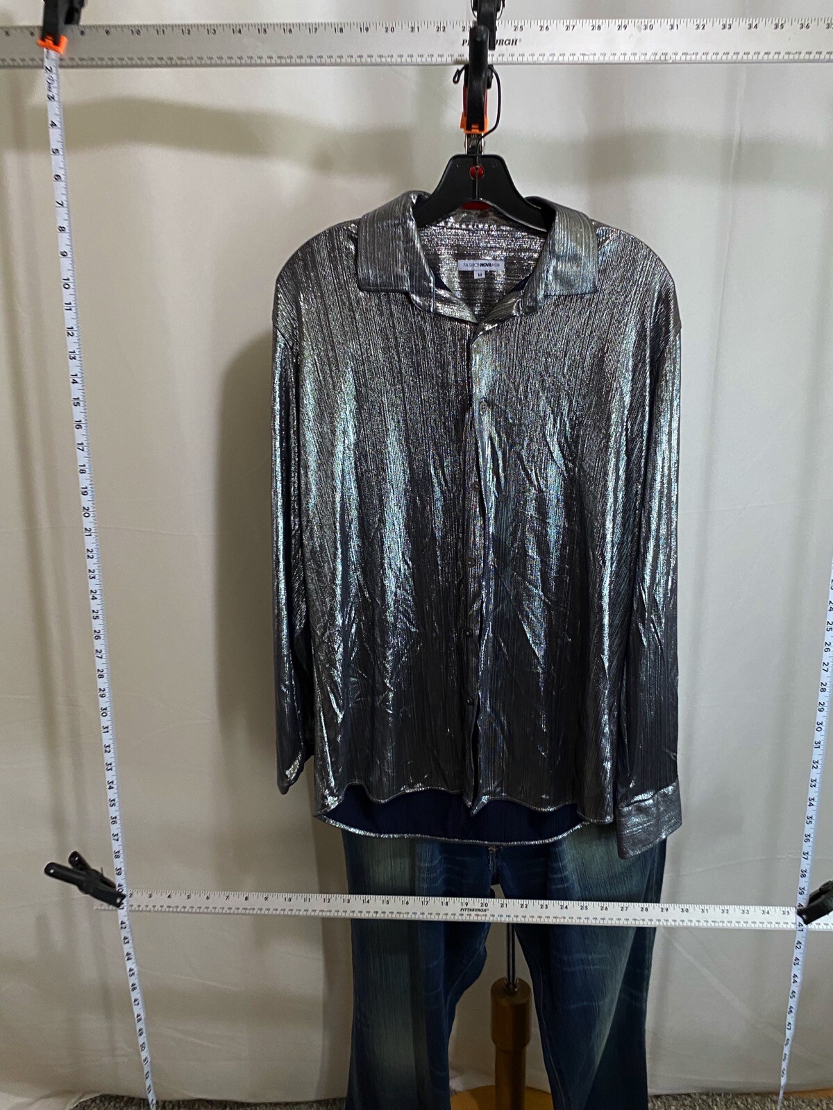 Fashion Nova Gray Metallic Shirt Medium M 15.5 x 34/35 gallery