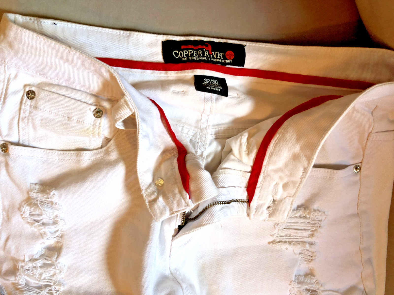 COPPER RIVET UNI-SEX JEANS ZIPPER LOW POCKET WHITE JEANS gallery