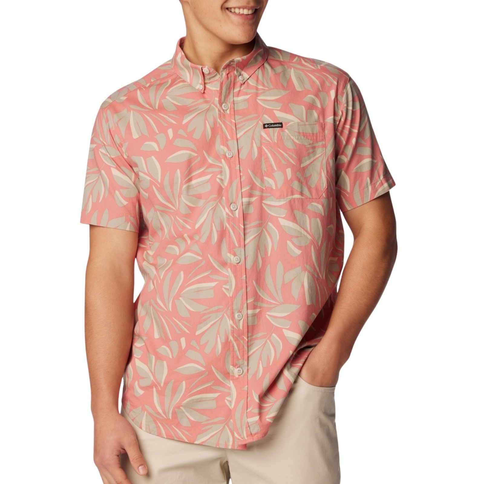 COLUMBIA Rapid Rivers Short Sleeve Shirt sz S Small Pink Beige Leaf Print gallery