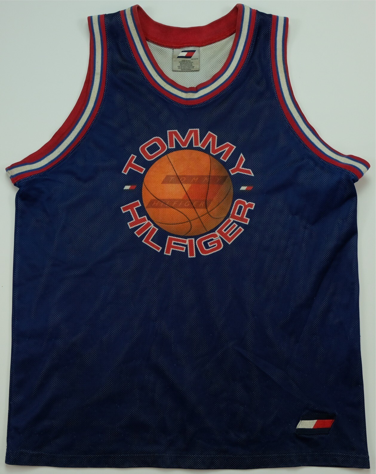 Rare VTG TOMMY ATHLETICS Hilfiger Spell Out Flag Basketball Jersey 90s Navy XL gallery