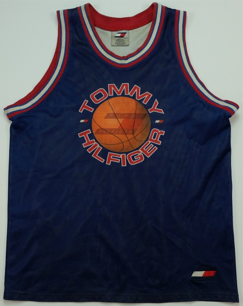 Rare VTG TOMMY ATHLETICS Hilfiger Spell Out Flag Basketball Jersey 90s Navy XL