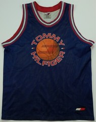 Rare VTG TOMMY ATHLETICS Hilfiger Spell Out Flag Basketball Jersey 90s Navy XL