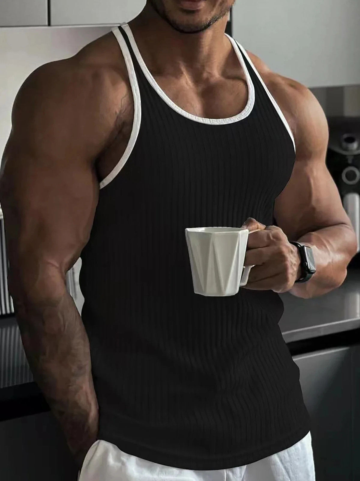 Men's quick drying elastic fitness clothes gym runningslim fit vertical stripess gallery