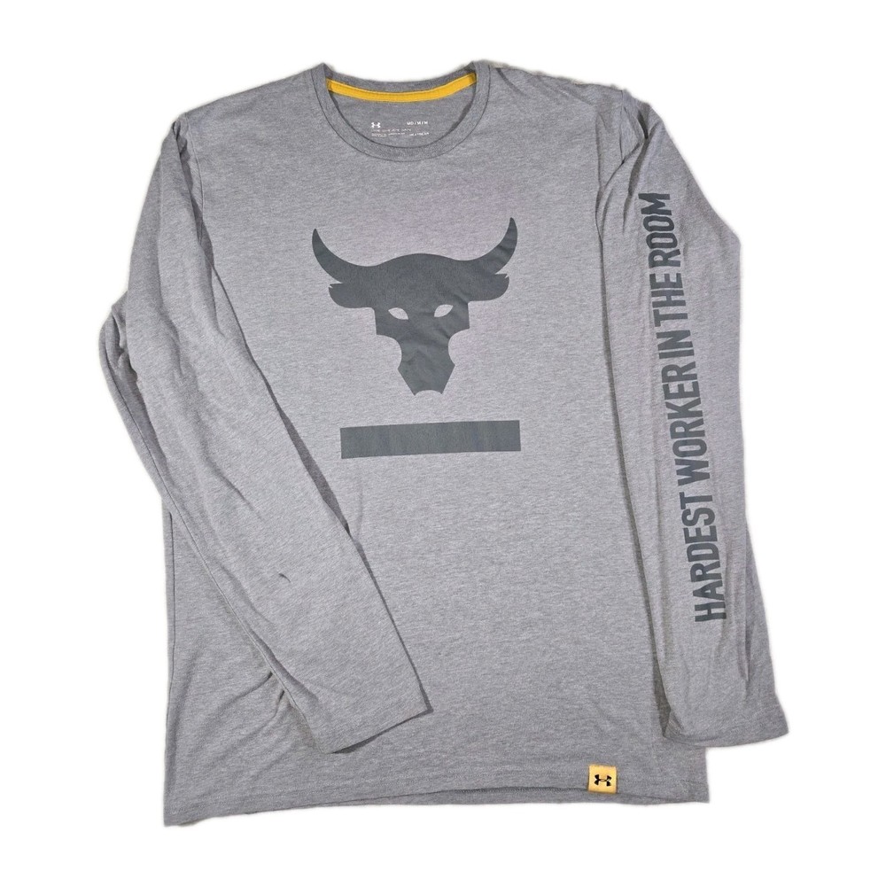 Mens Under Armour Project Rock Hardest Worker Long Sleeve T Shirt Medium Gray