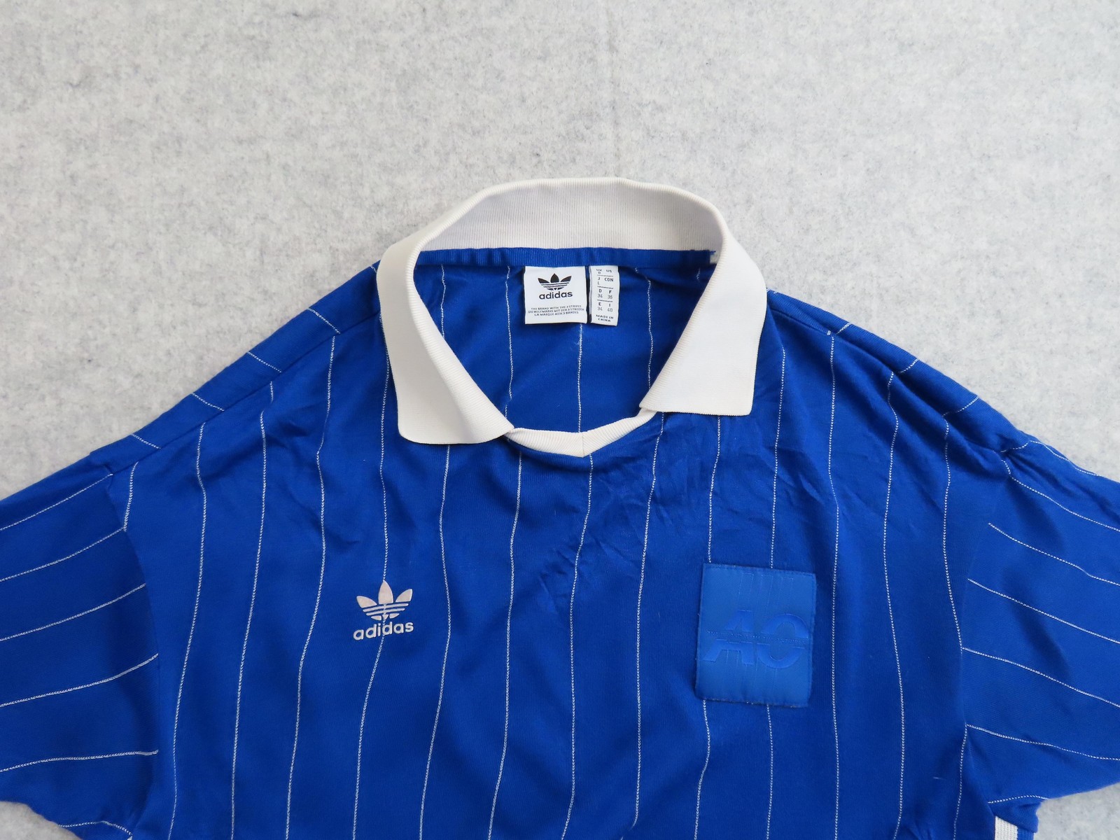Adidas Polo Shirt Mens Large Blue Striped Acrylic Soccer Jersey Trefoil Patch gallery
