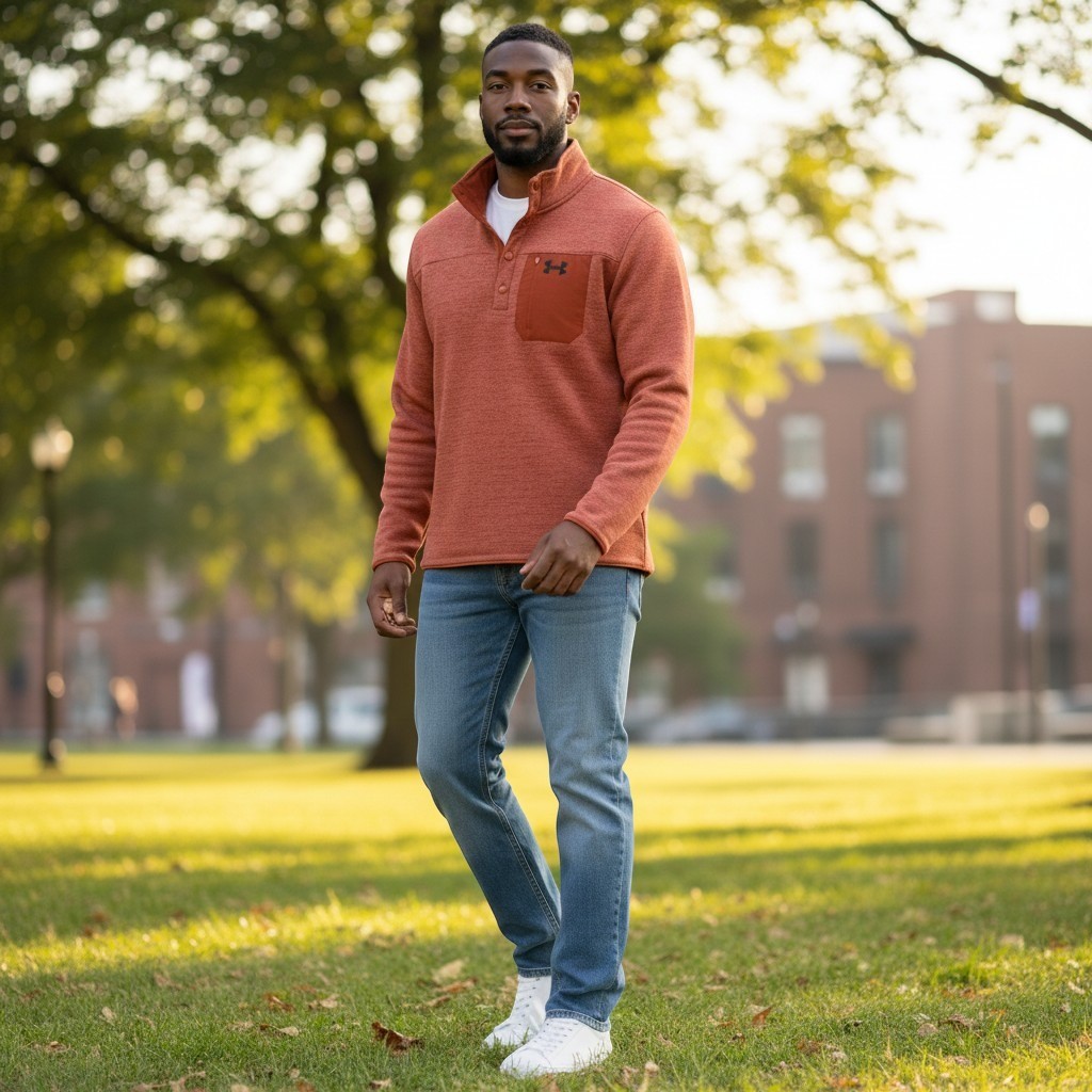 Under Armour Sunset Orange Heather Fleece Pullover XL Snap Mock Neck Pocket gallery