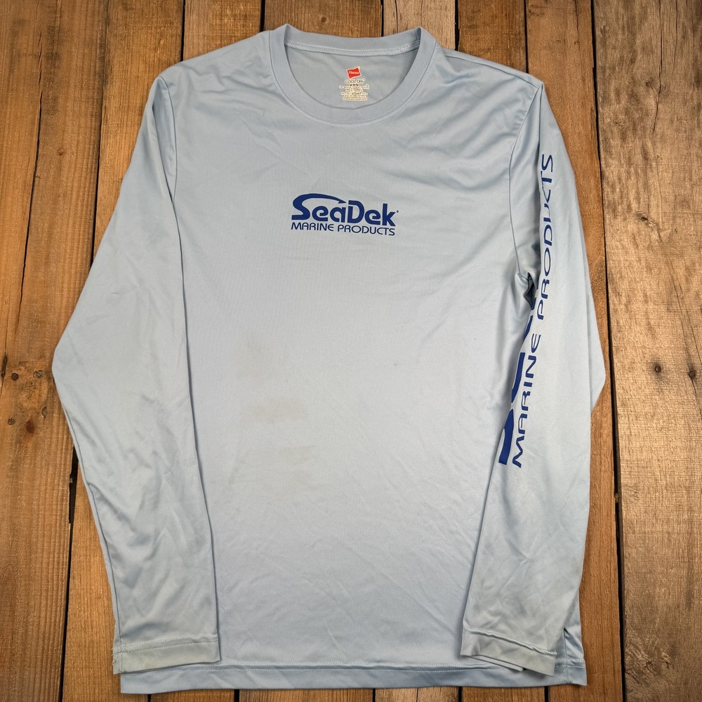 Hanes Cool Dri Mens Medium Blue SeaDek Marine Products Long Sleeve Shirt UV