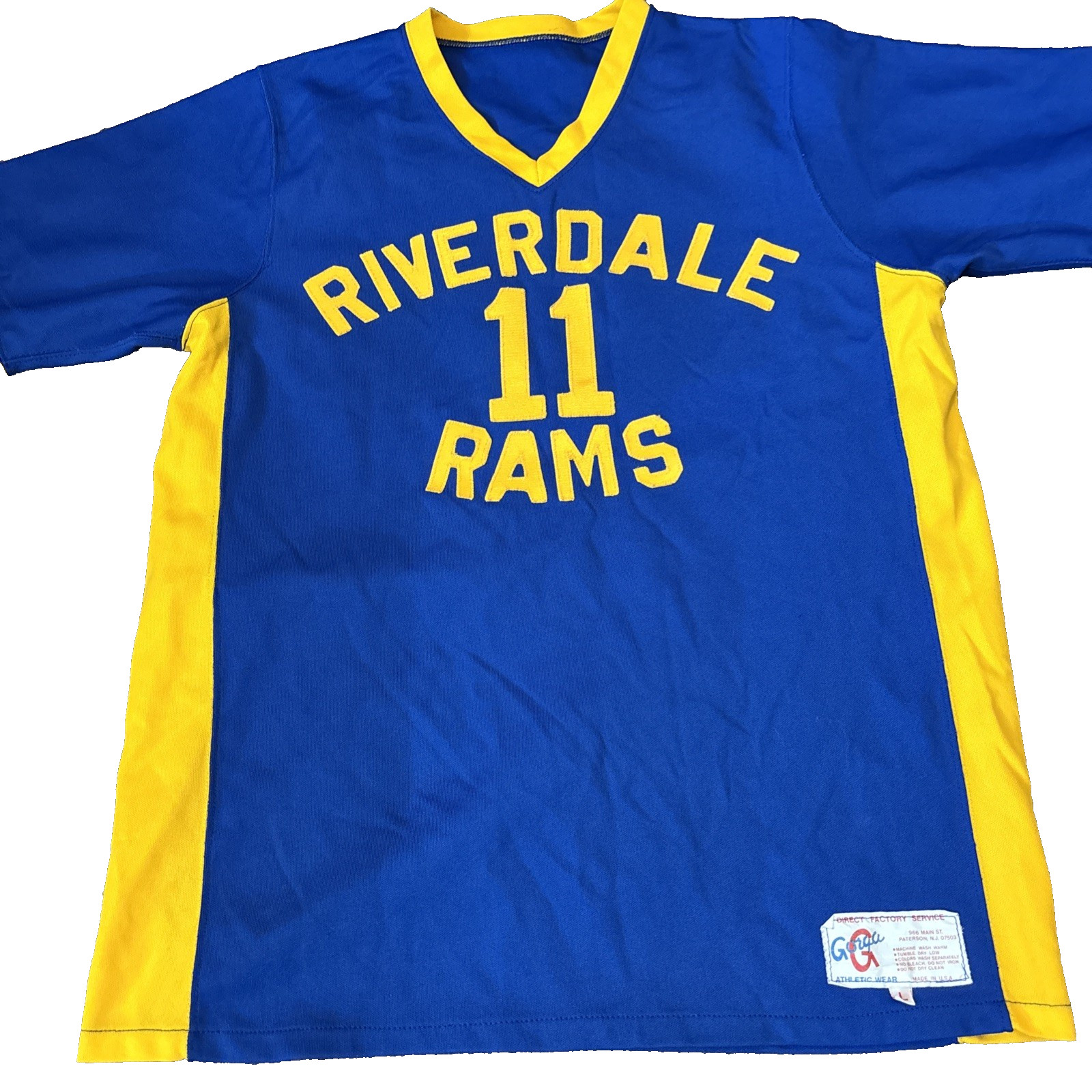 Vintage Gorga Tag - Riverdale Rams 11 Blue Yellow Jersey Size L USA NJ Polyblend gallery