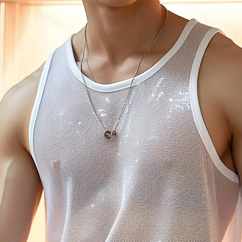 Summer Men's Luxury Knit Fashion Transparet Tank Tops O Neck Sleeveless Mes gallery