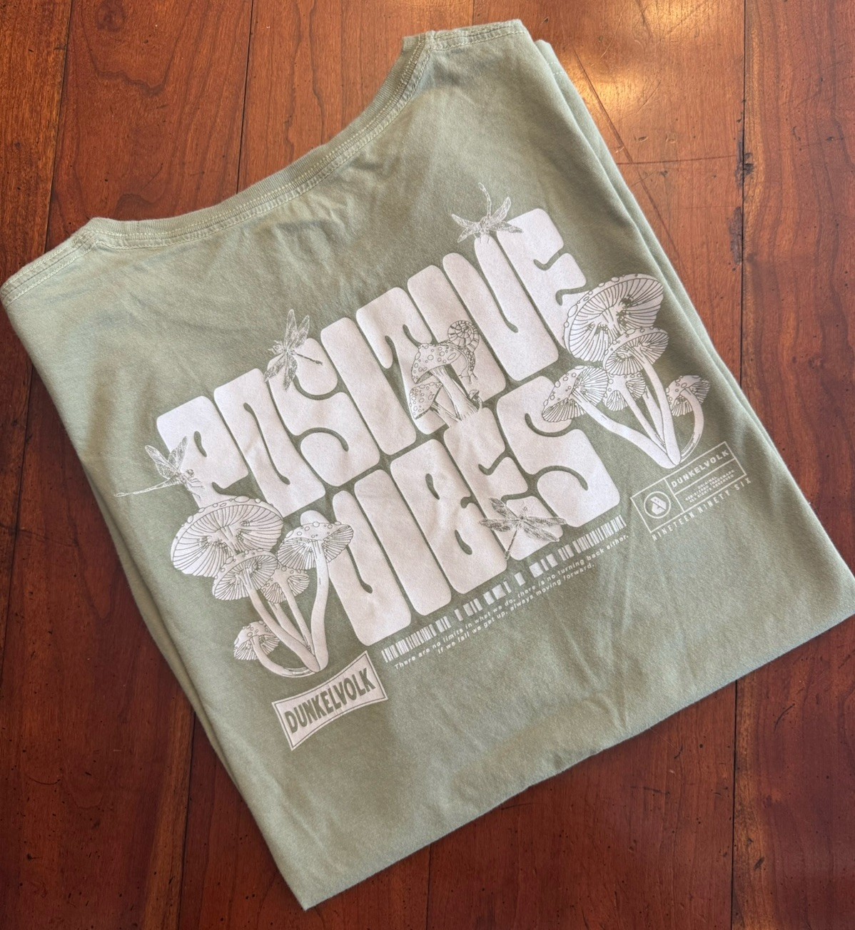 Dunklevolk Positive Vibes Sage Green Mushroom Pima Cotton Tee Shirt Medium gallery