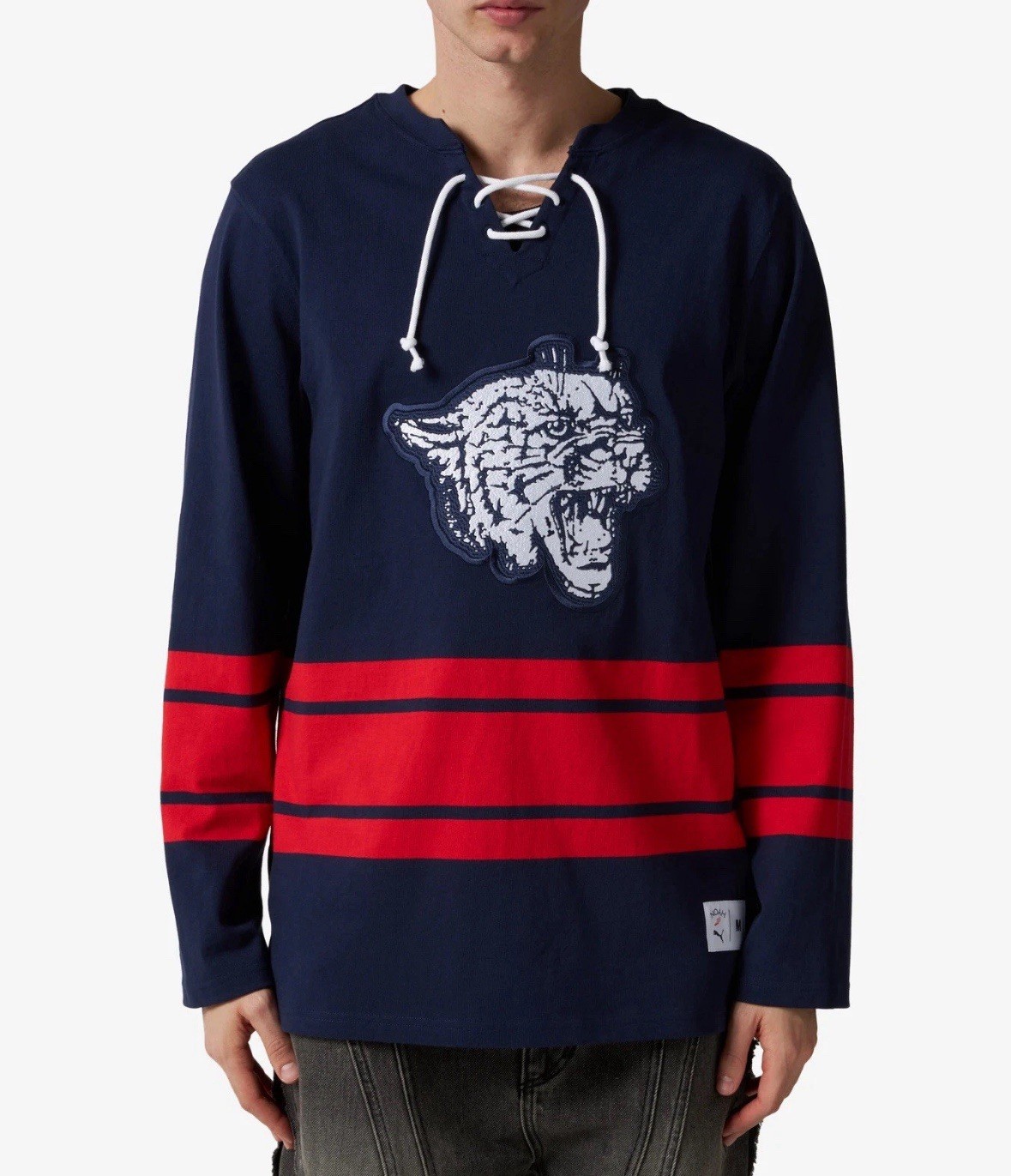 PUMA X NOAH Striped V Neck Long Sleeve Hockey Jersey Mens Sz XL Blue 62819606 gallery