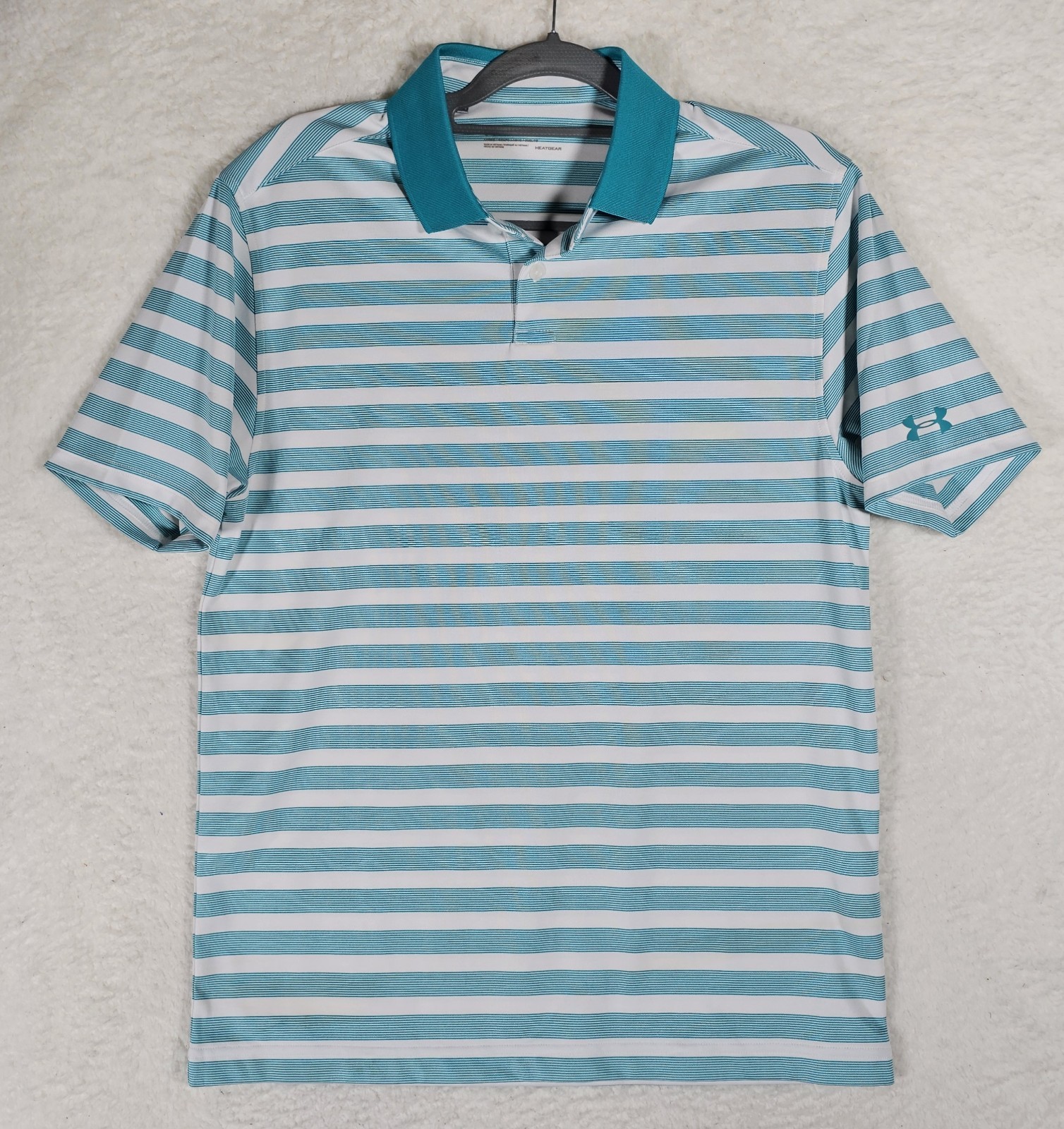 UA Under Armour Mens Polo Shirt Size Medium Heat Gear Blue Green Striped gallery