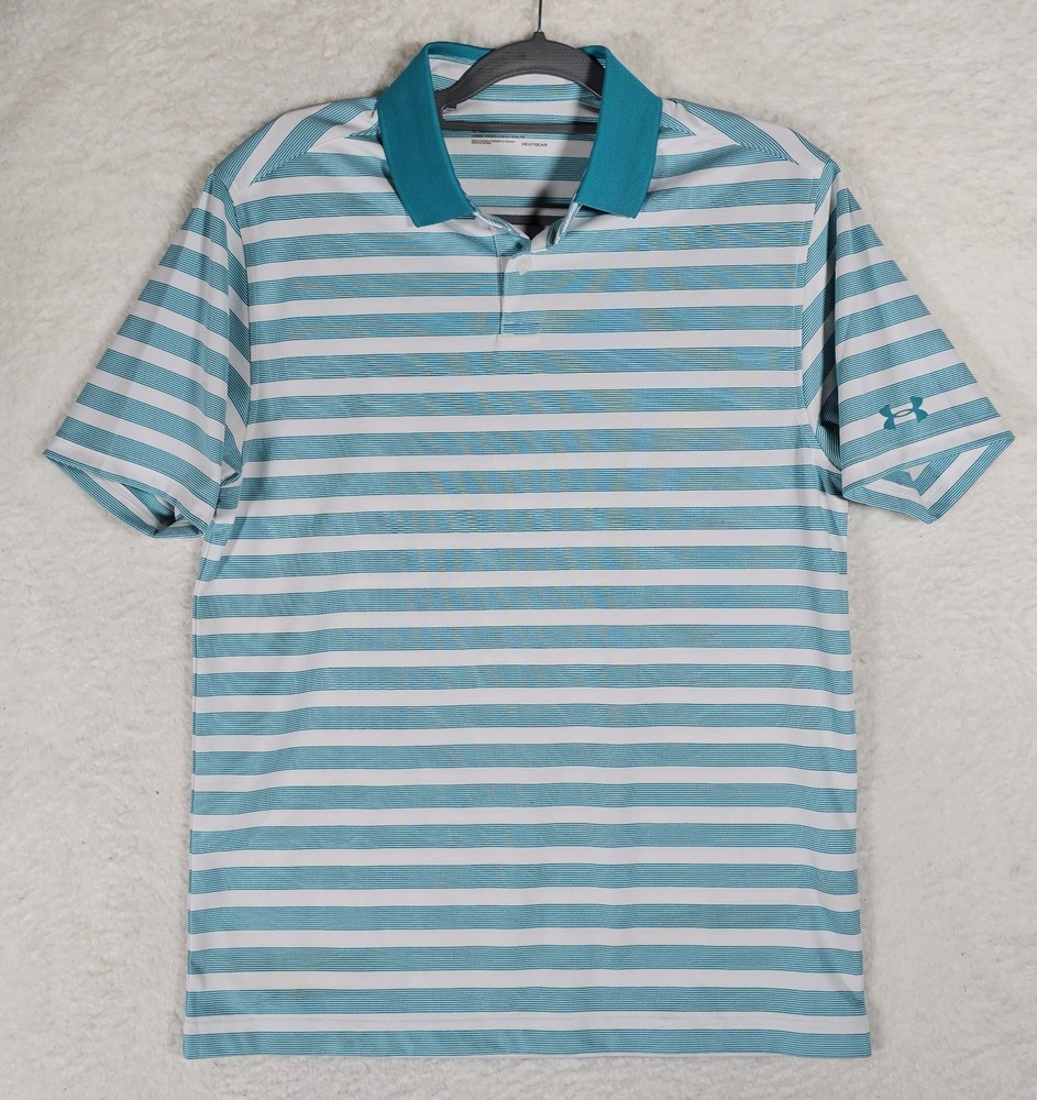 UA Under Armour Mens Polo Shirt Size Medium Heat Gear Blue Green Striped
