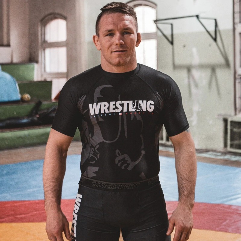 Men's Rashguard Extreme Hobby Short Sleeve BOLD WRESTLING BLACK Training Shirt gallery