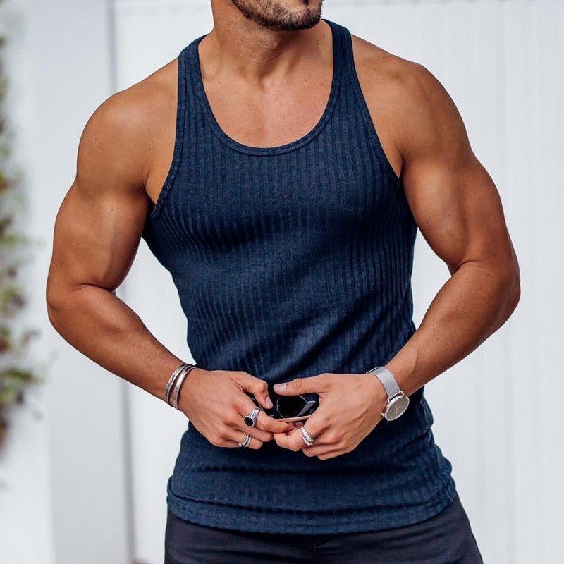 New Summer Vertical Stripe Outdoor Leisure Fitness Sim fit tank top men's cloth gallery