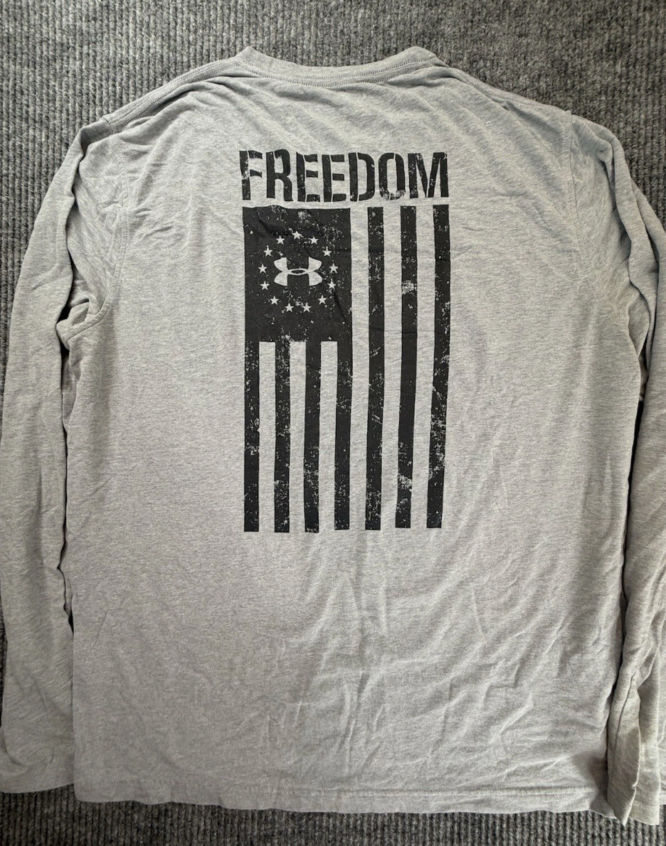 Under Armour Shirt Mens Large Grey Long Sleeve Train Freedom Flag Athletic Soft gallery