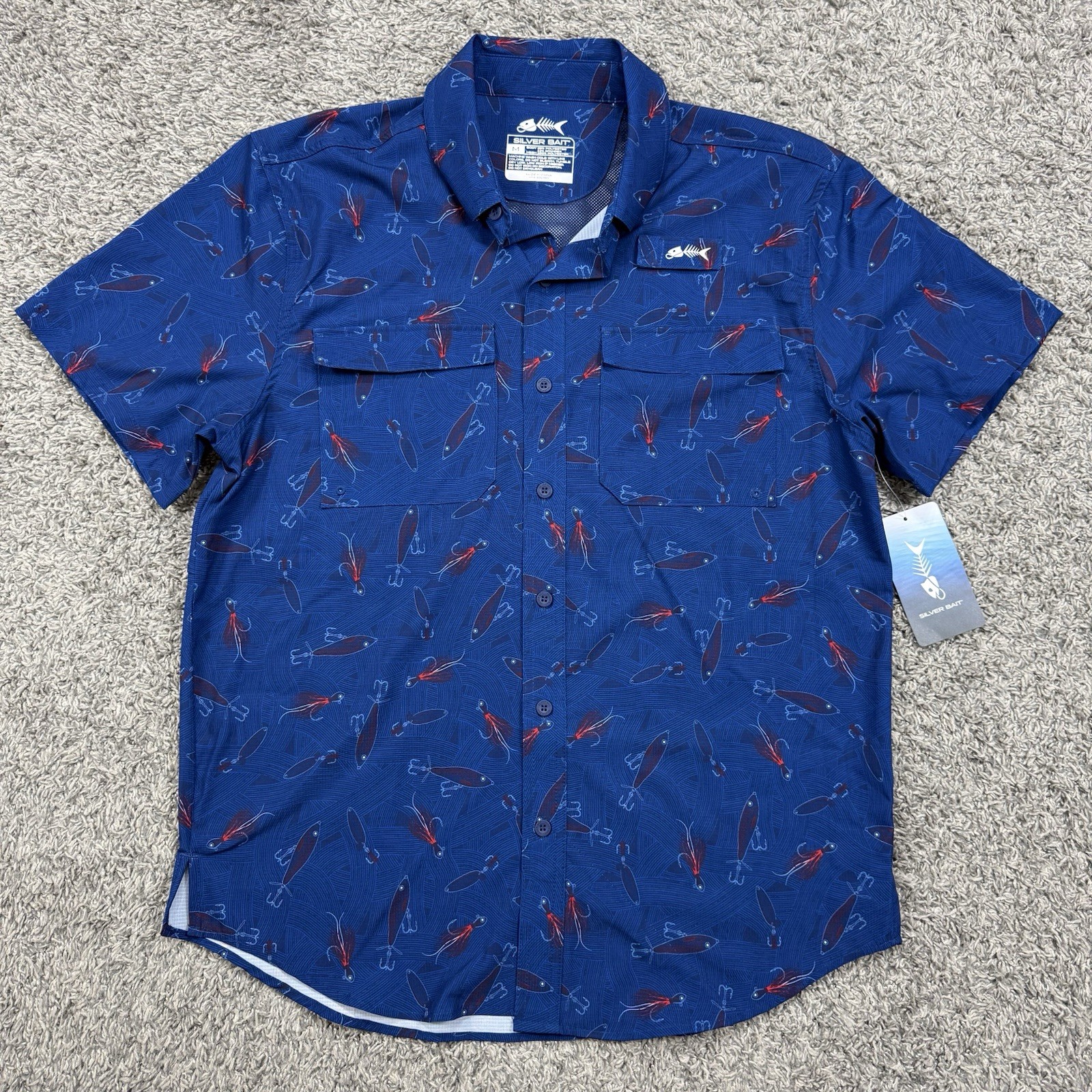 Silver Bait Blue Button Up Vented Fishing Lures Shirt Mens Size M gallery