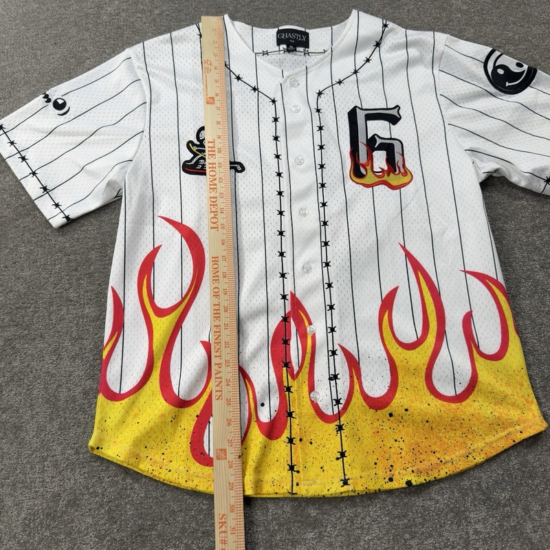 Ghastly Mens Flame Skull Baseball Jersey Button Front White Black XL Ghengar gallery