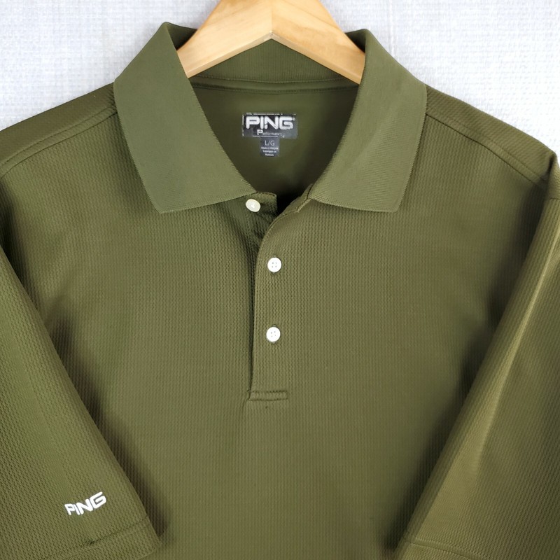 PING GOLF Size Large Olive OD Drab Green Performance Mens Polo Shirt Stretchy gallery