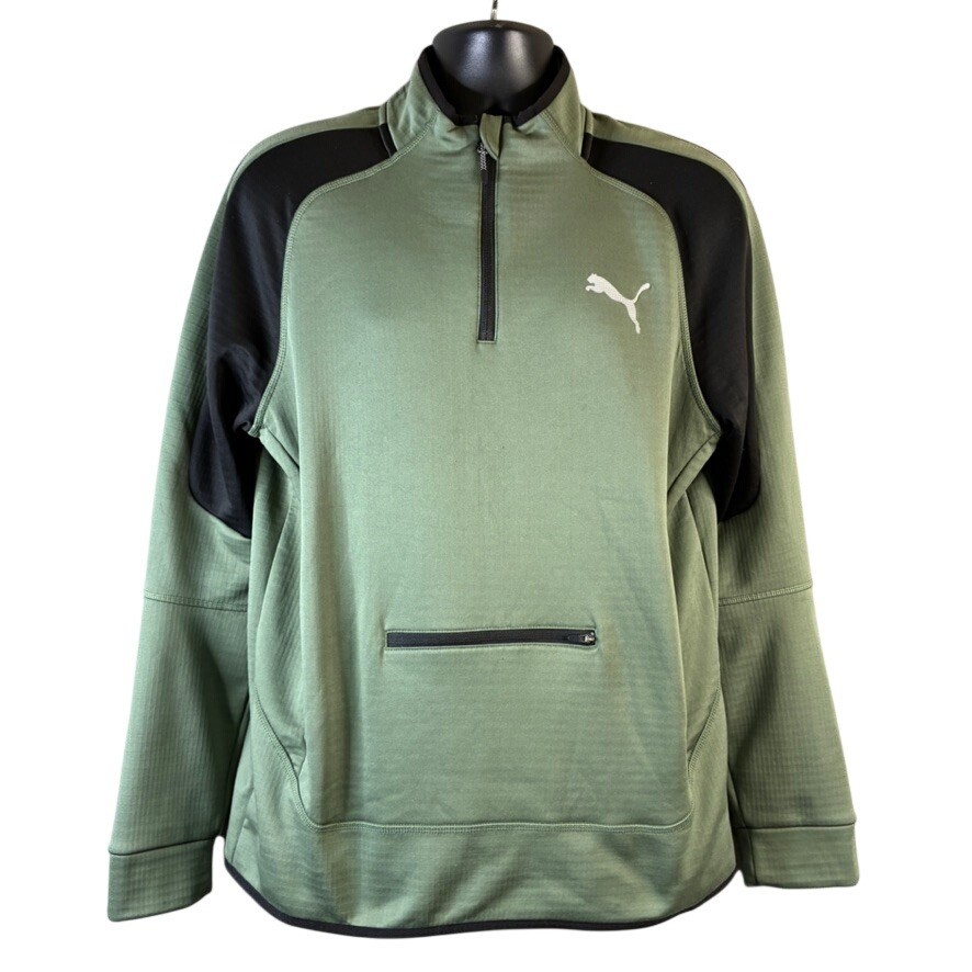 Puma Mens Quarter Zip Pullover Olive Green Black Waffle Knit Activewear Medium gallery