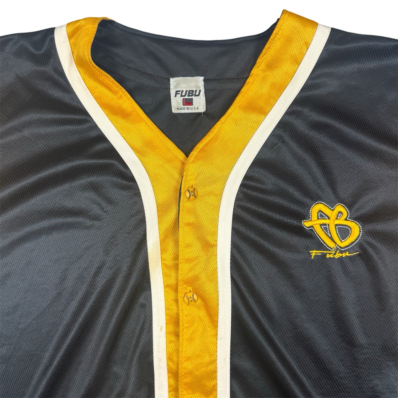 Vintage 90s FUBU Baseball Jersey Yellow Black Streetwear Baggy Men’s Size XL USA gallery