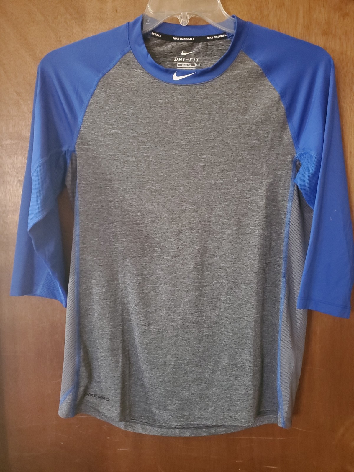 Nike Pro Baseball Dri Fit Men’s M Slim Fit Raglan Shirt Workout Sport Gray Blue gallery